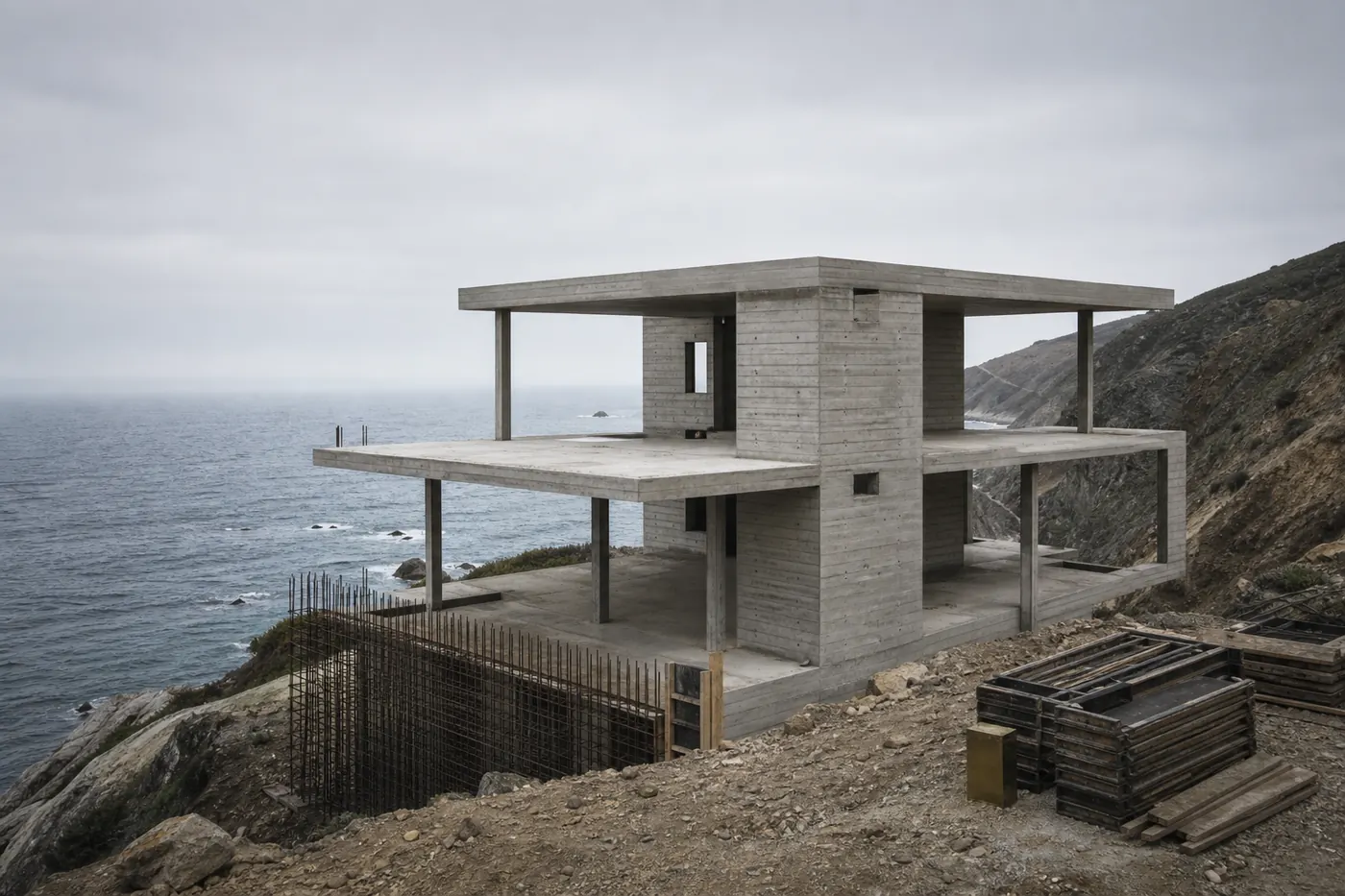 Aldern Point House during construction: finished board-formed concrete slabs and cores, glazing not yet installed