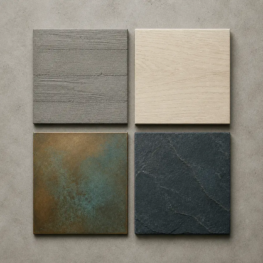 Board-formed concrete, white oak, patinated brass and basalt slate samples